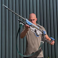 Full-length finished Ana Biotic Rifle-inspired 3D printed cosplay prop photographed from another angle