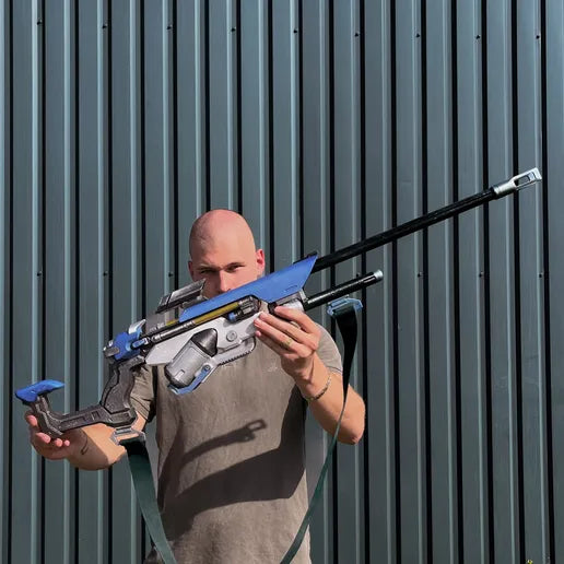 finished Ana Biotic Rifle-inspired 3D printed cosplay prop photographed from another angle
