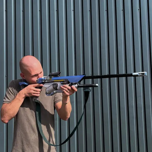 finished Ana Biotic Rifle-inspired 3D printed cosplay prop photographed from another angle