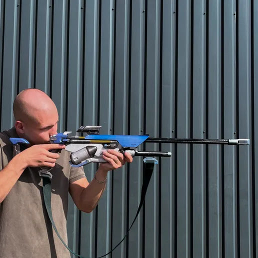 finished Ana Biotic Rifle-inspired 3D printed cosplay prop photographed from another angle