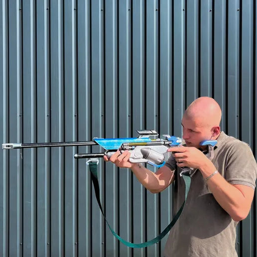 finished Ana Biotic Rifle-inspired 3D printed cosplay prop photographed from another angle