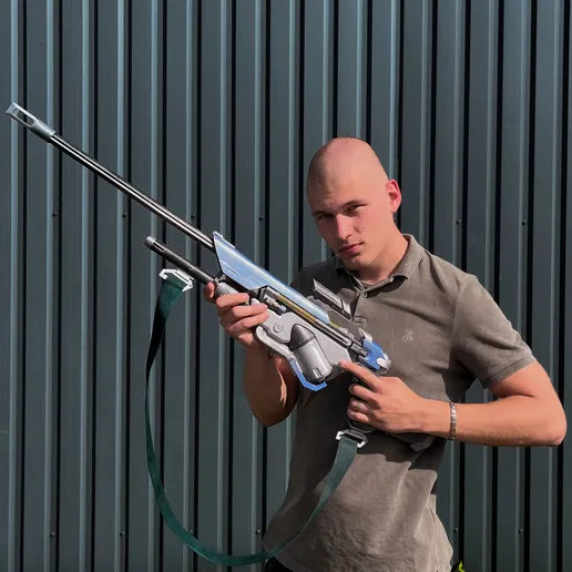 finished Ana Biotic Rifle-inspired 3D printed cosplay prop photographed from another angle
