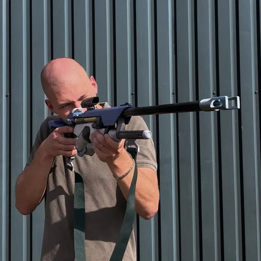 finished Ana Biotic Rifle-inspired 3D printed cosplay prop photographed from another angle