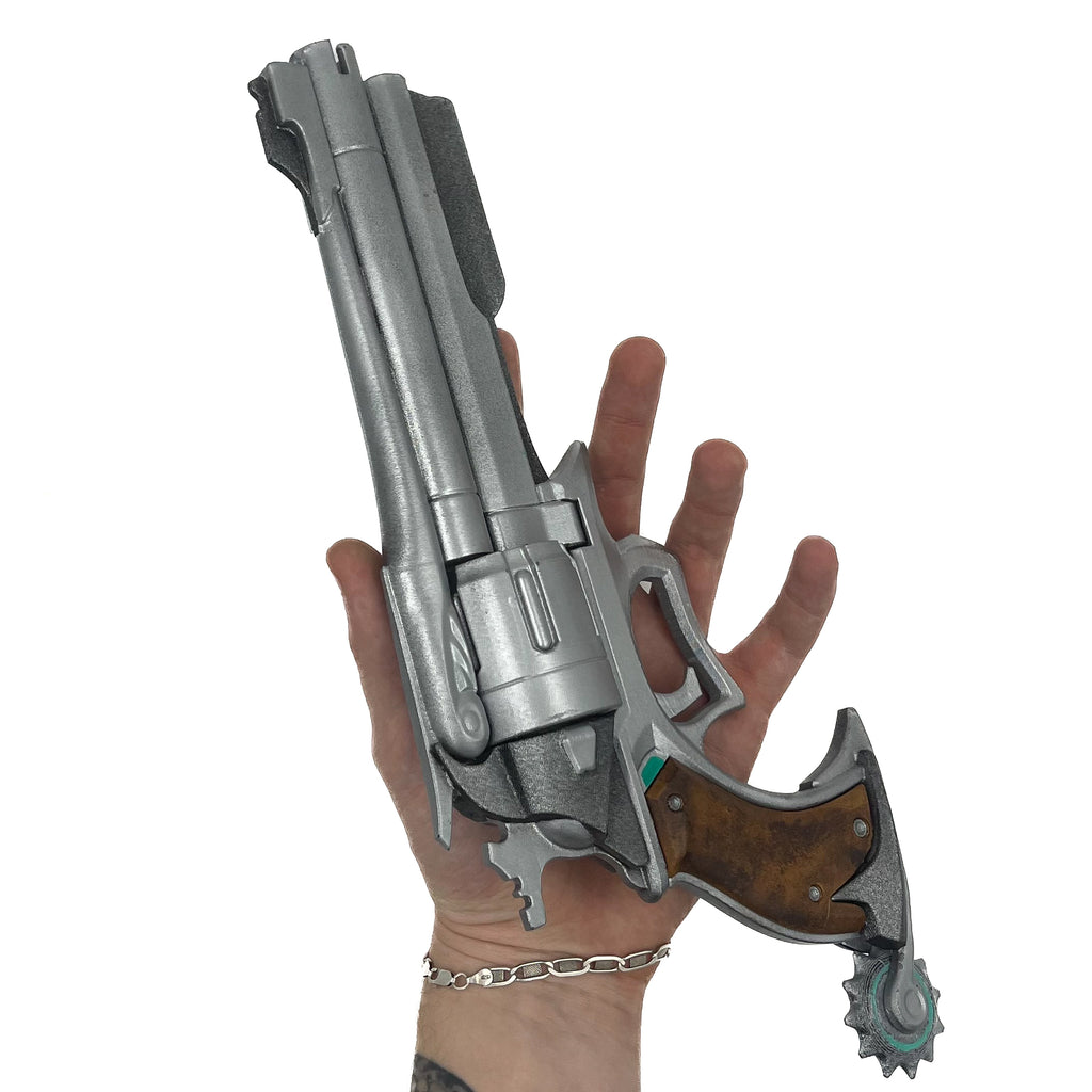 finished Cassidy Peacekeeper-inspired 3D printed cosplay prop photographed from another angle