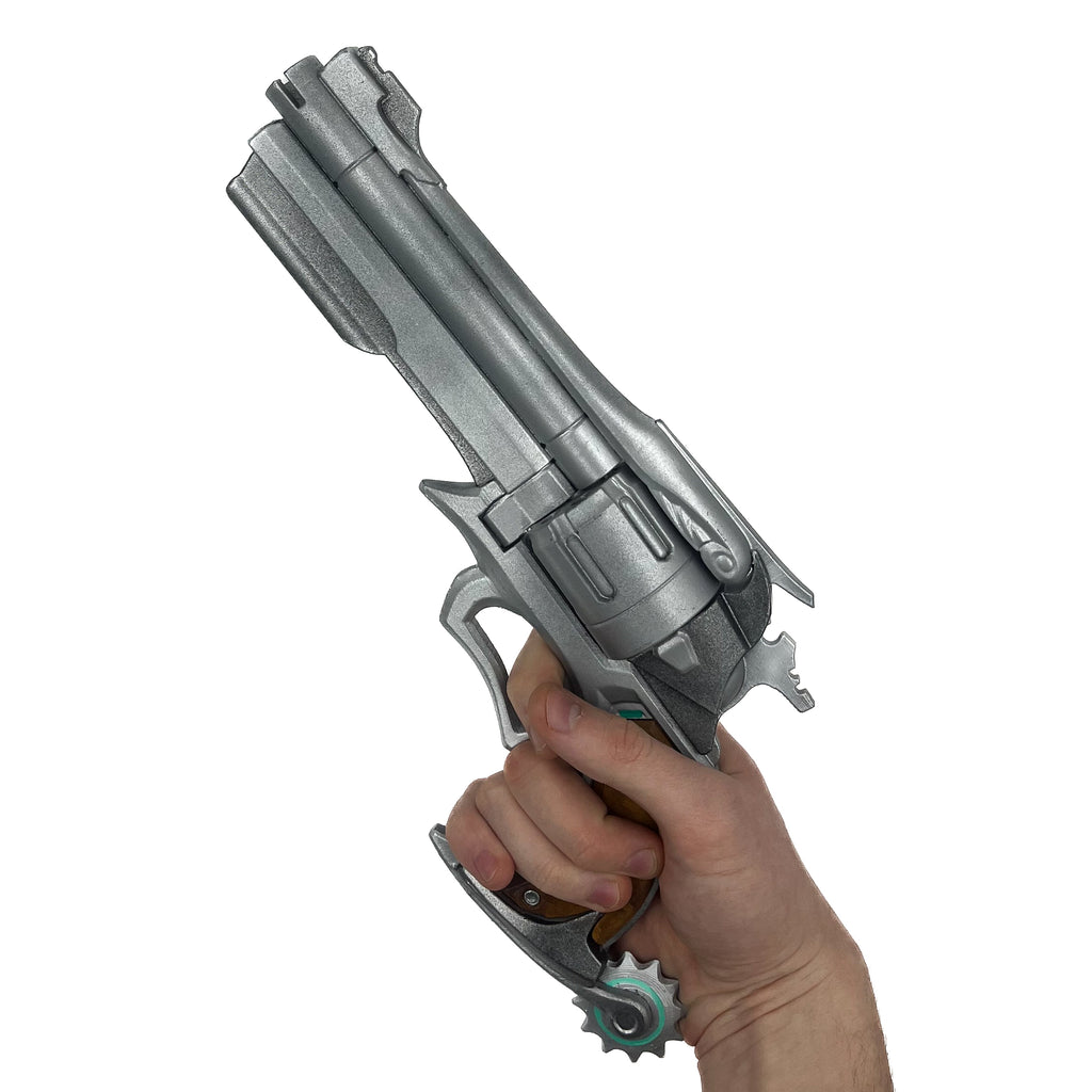 finished Cassidy Peacekeeper-inspired 3D printed cosplay prop photographed from another angle