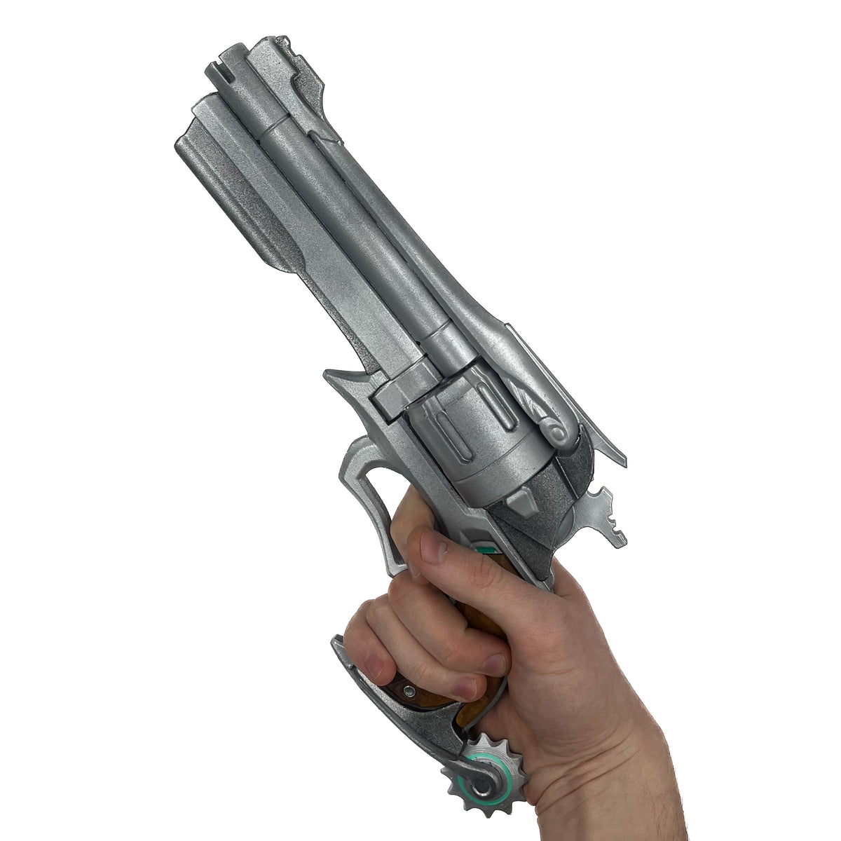 finished Cassidy Peacekeeper-inspired 3D printed cosplay prop photographed from another angle