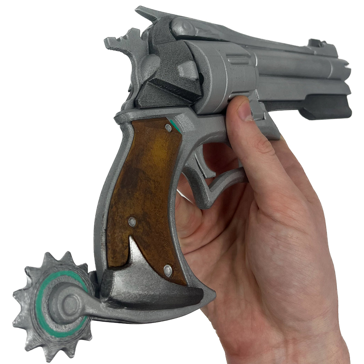 finished Cassidy Peacekeeper-inspired 3D printed cosplay prop photographed from another angle
