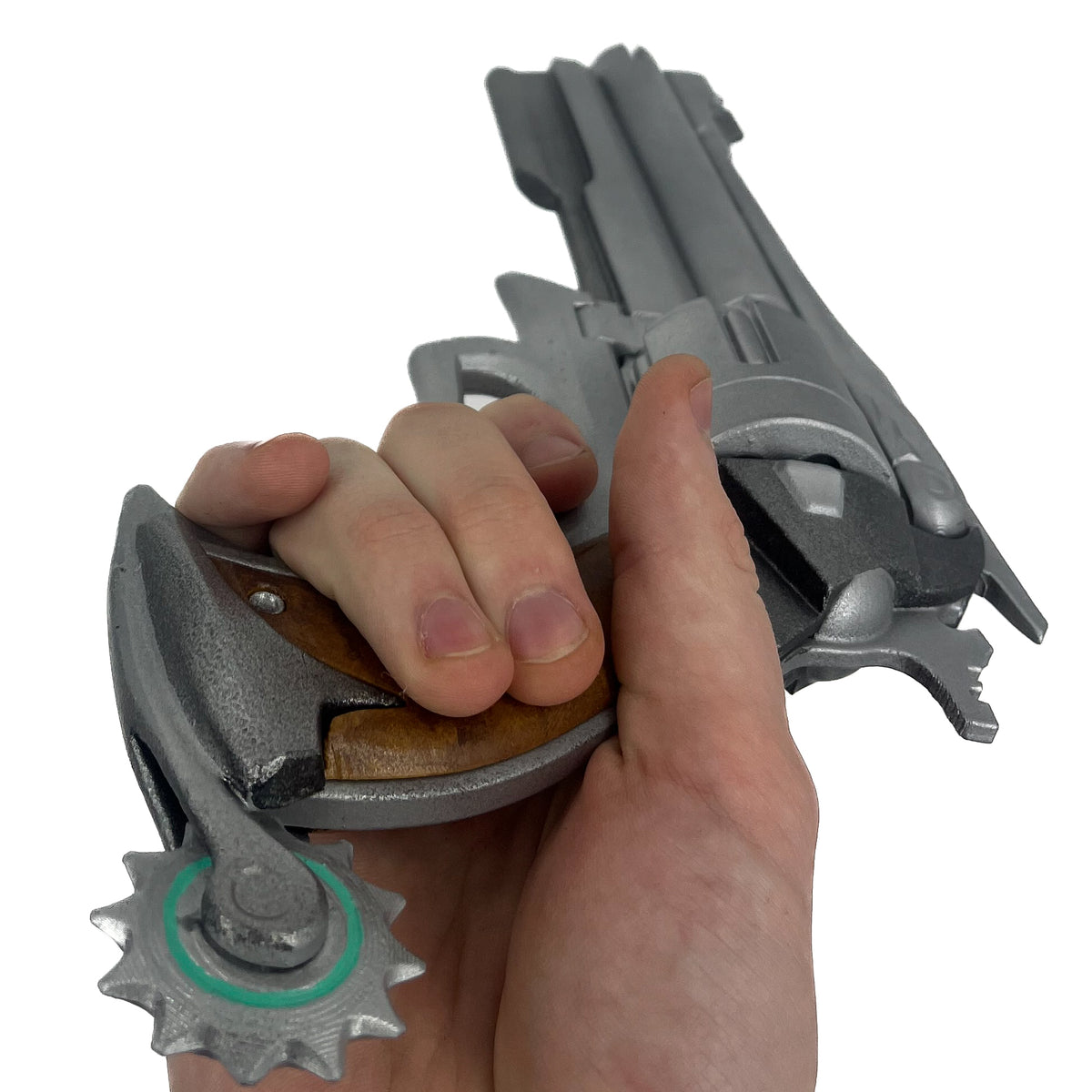 finished Cassidy Peacekeeper-inspired 3D printed cosplay prop photographed from another angle