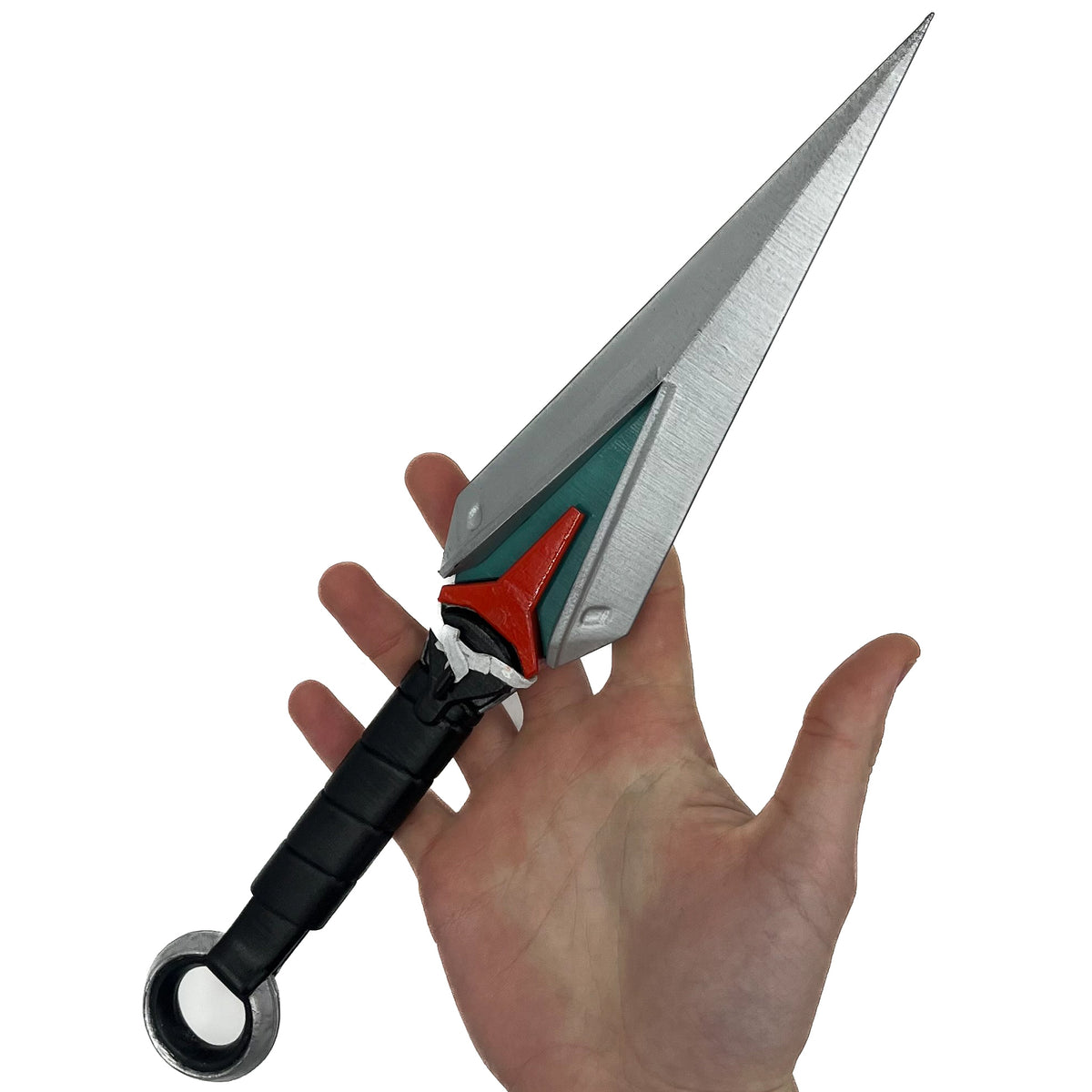 Full view of finished Kiriko Kunai-inspired 3D printed cosplay prop photographed from another angle