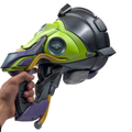 Full view of finished Lúcio Sonic Amplifier-inspired 3D printed cosplay prop photographed from another angle