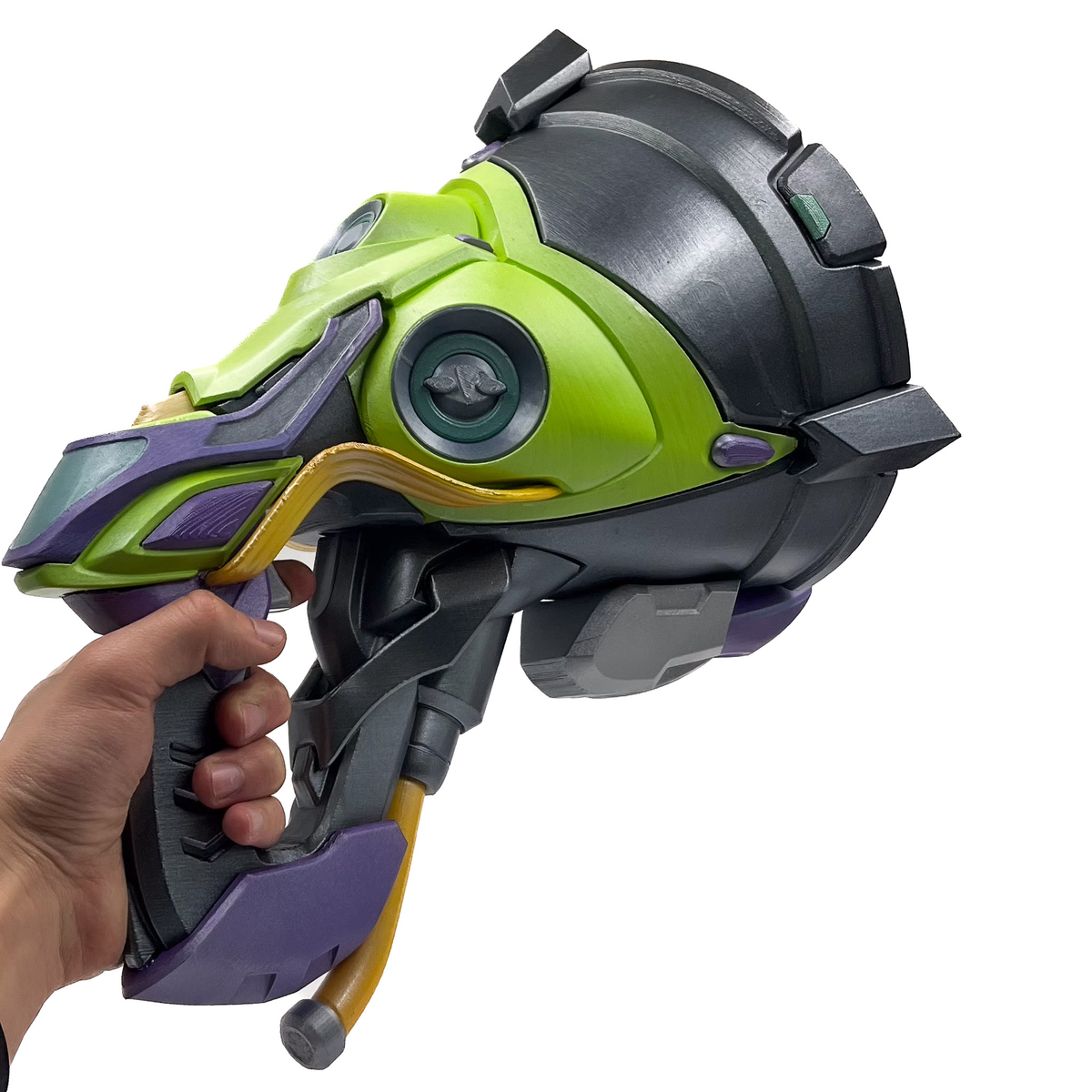 Full view of finished Lúcio Sonic Amplifier-inspired 3D printed cosplay prop photographed from another angle
