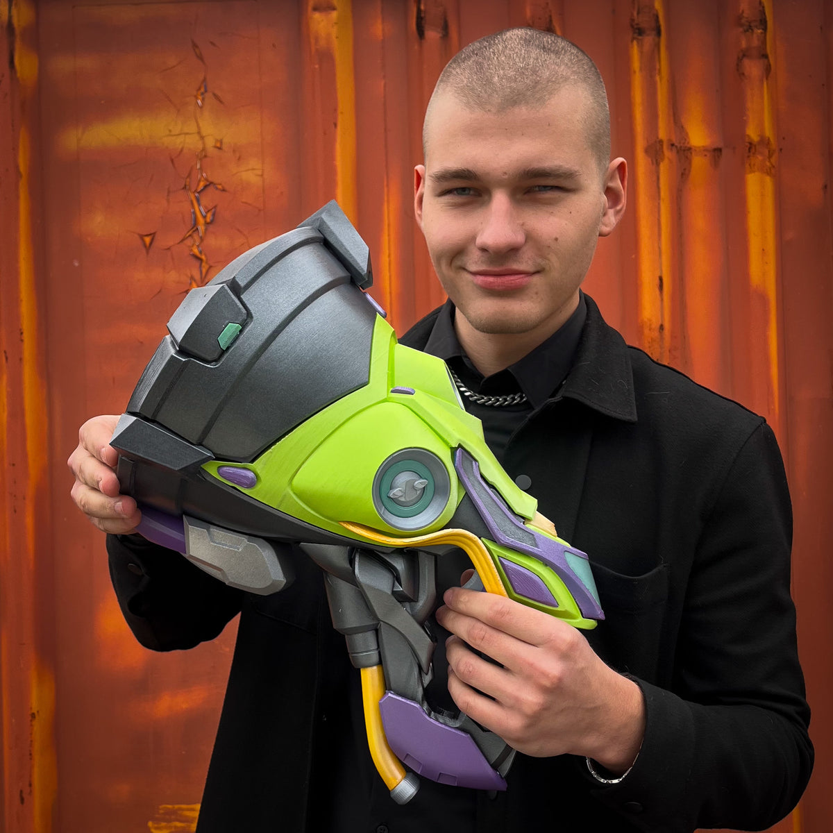 finished Lúcio Sonic Amplifier-inspired 3D printed cosplay prop photographed from another angle