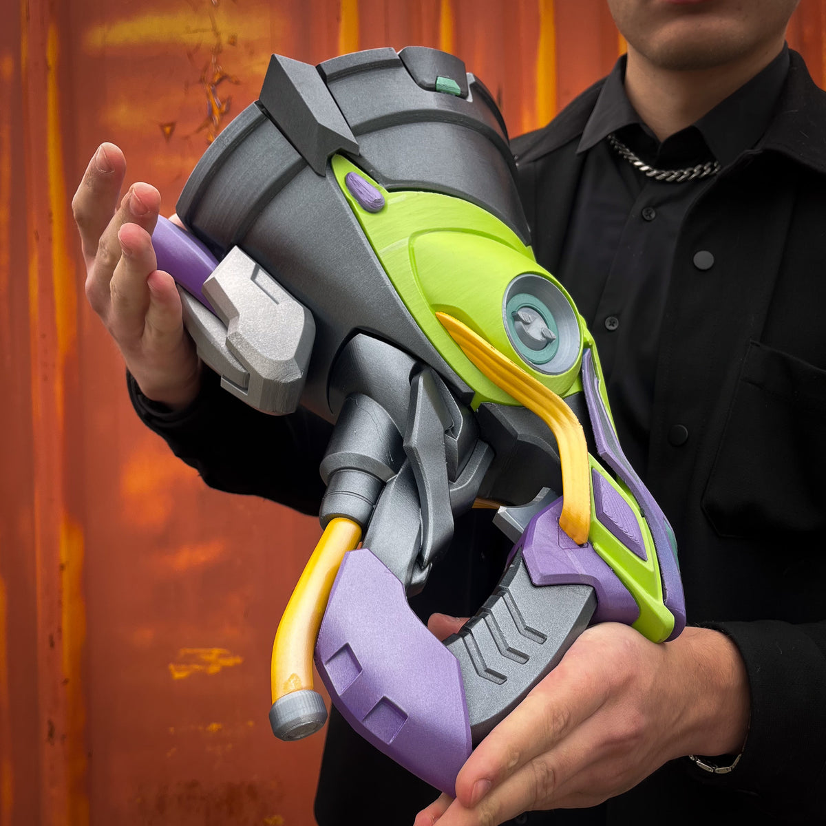 finished Lúcio Sonic Amplifier-inspired 3D printed cosplay prop photographed from another angle