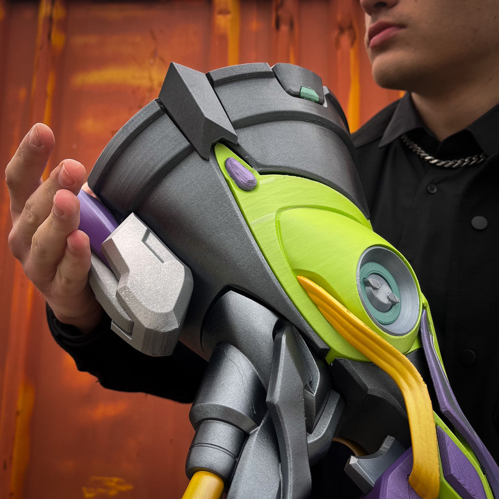 finished Lúcio Sonic Amplifier-inspired 3D printed cosplay prop photographed from another angle