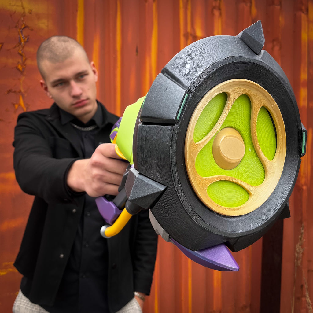 finished Lúcio Sonic Amplifier-inspired 3D printed cosplay prop photographed from another angle