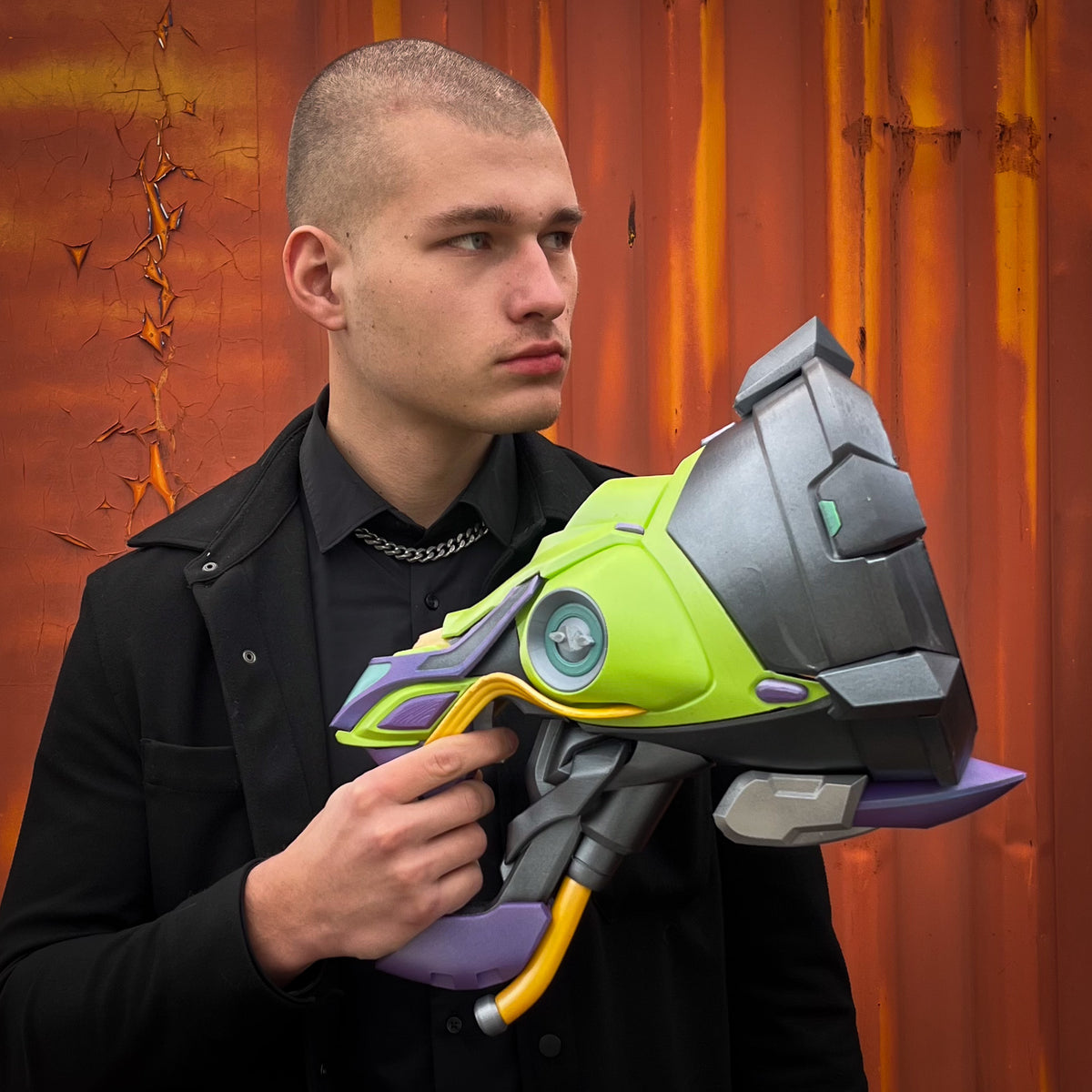 finished Lúcio Sonic Amplifier-inspired 3D printed cosplay prop photographed from another angle