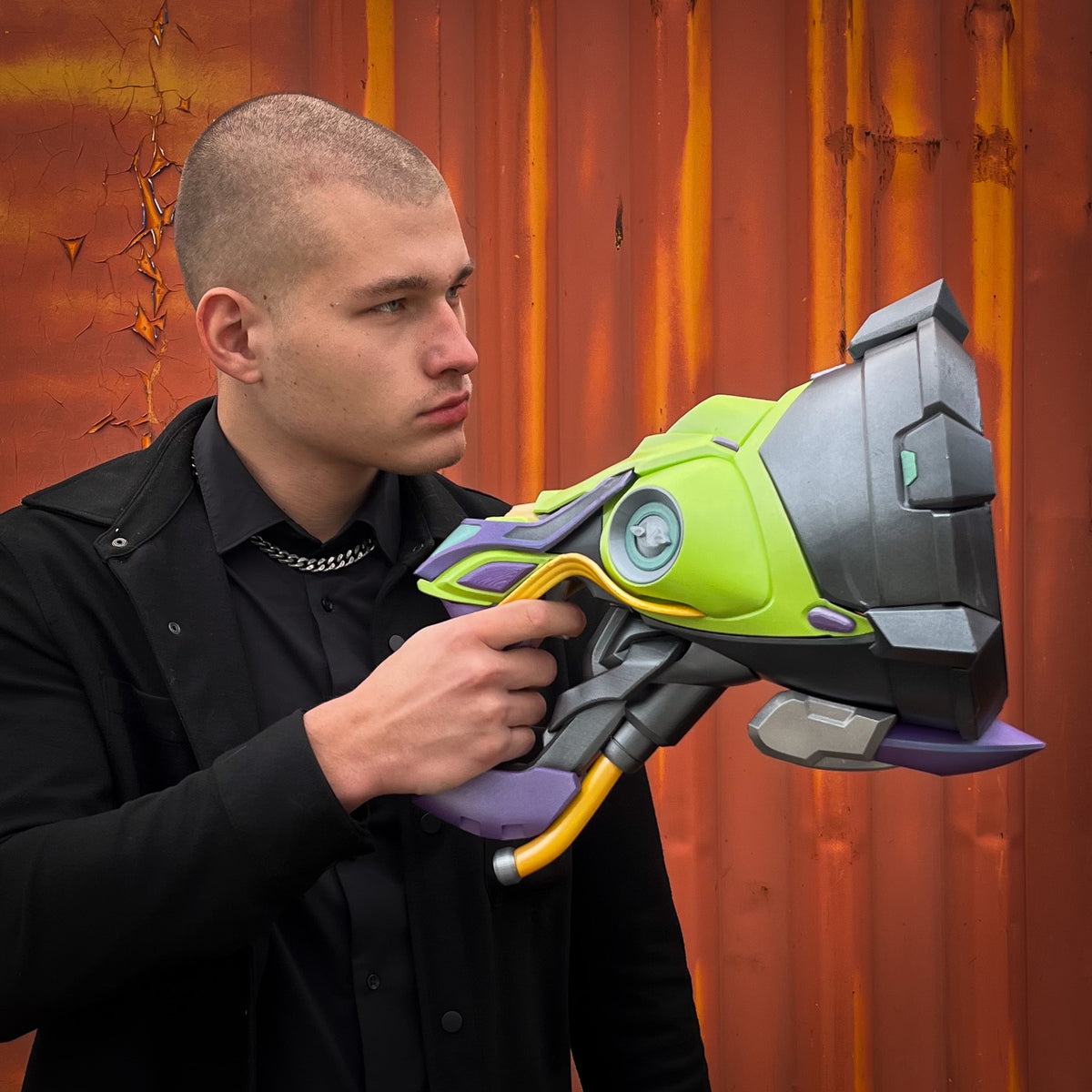 finished Lúcio Sonic Amplifier-inspired 3D printed cosplay prop photographed from another angle