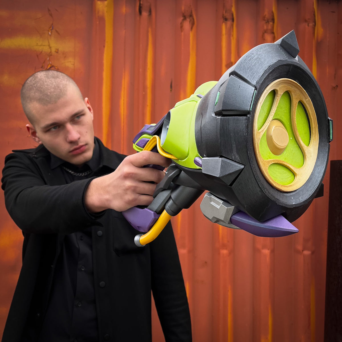 finished Lúcio Sonic Amplifier-inspired 3D printed cosplay prop photographed from another angle