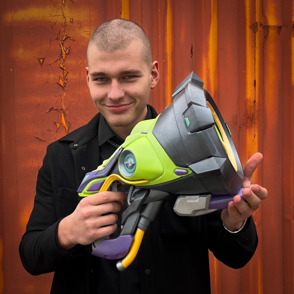 finished Lúcio Sonic Amplifier-inspired 3D printed cosplay prop photographed from another angle