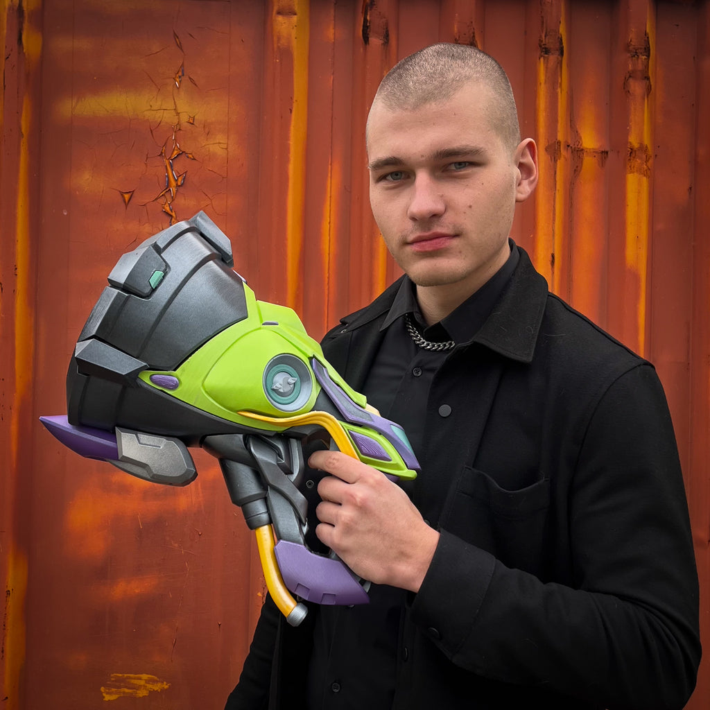 finished Lúcio Sonic Amplifier-inspired 3D printed cosplay prop photographed from another angle