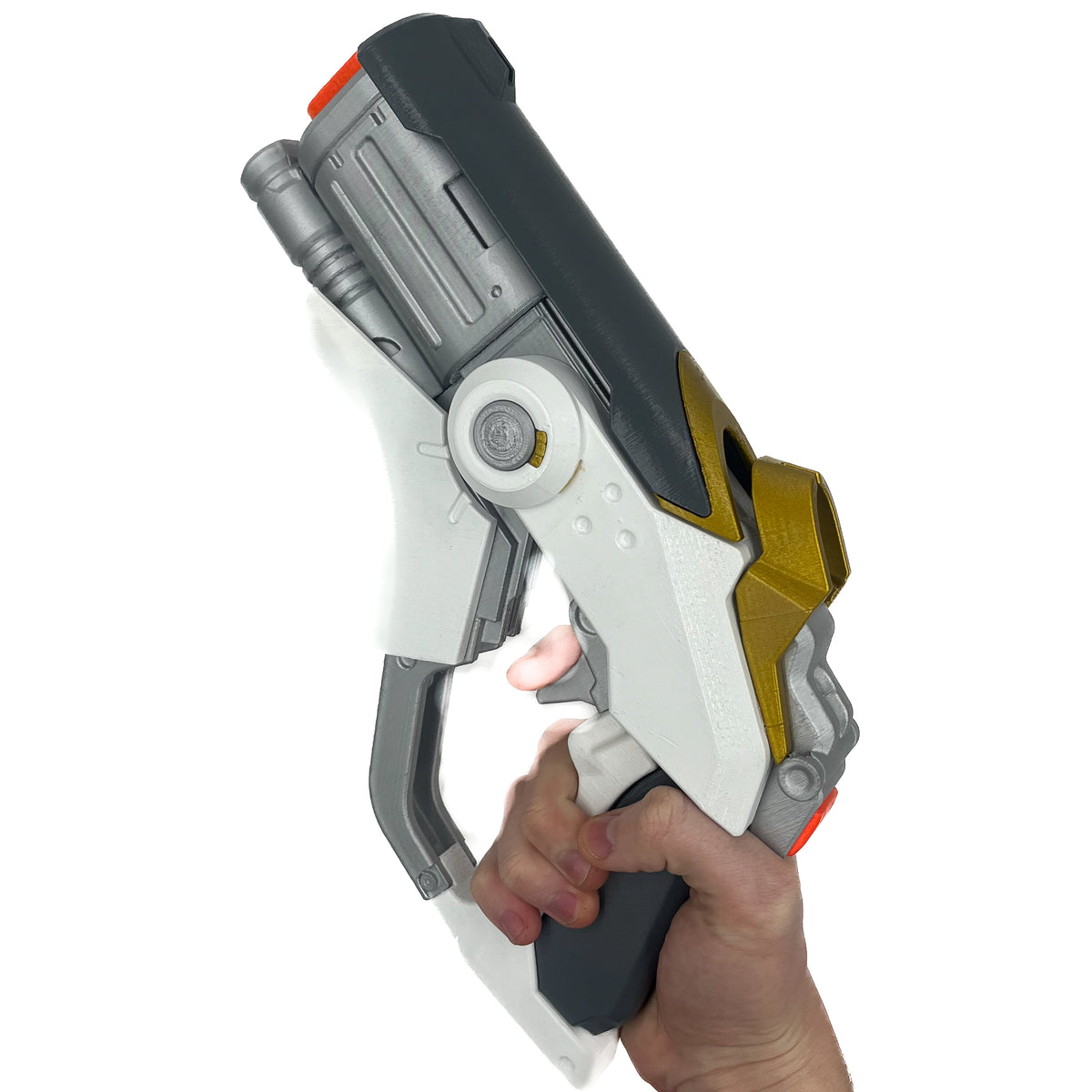Full view of finished Mercy Caduceus Blaster-inspired Overwatch 1 3D printed cosplay prop photographed from another angle