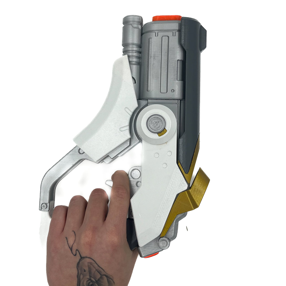 finished Mercy Caduceus Blaster-inspired Overwatch 1 3D printed cosplay prop photographed from another angle