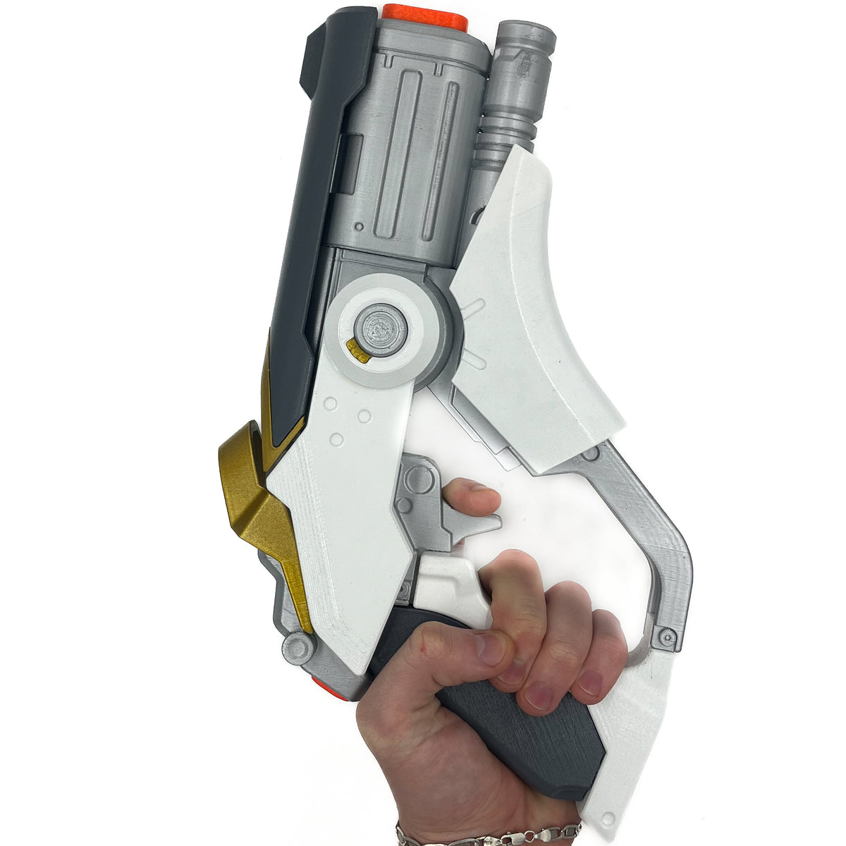 finished Mercy Caduceus Blaster-inspired Overwatch 1 3D printed cosplay prop photographed from another angle