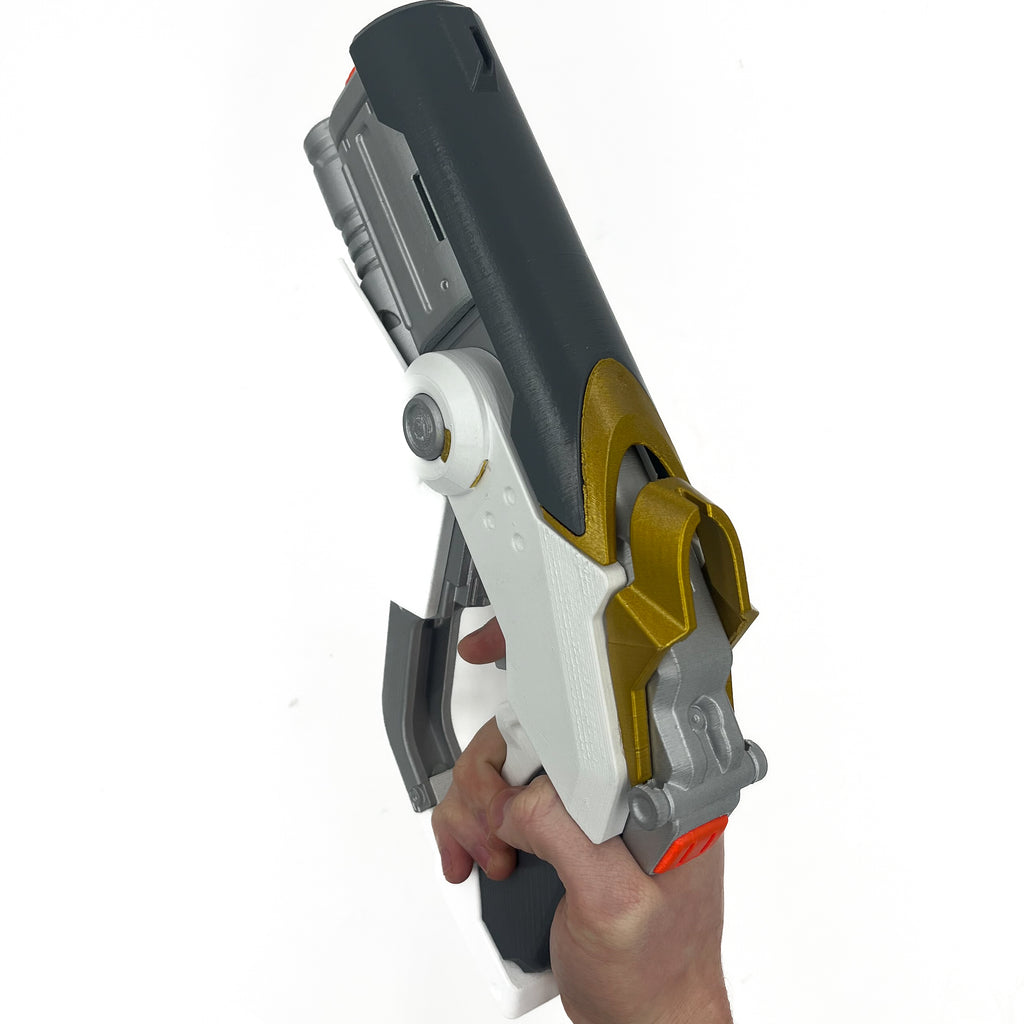 finished Mercy Caduceus Blaster-inspired Overwatch 1 3D printed cosplay prop photographed from another angle