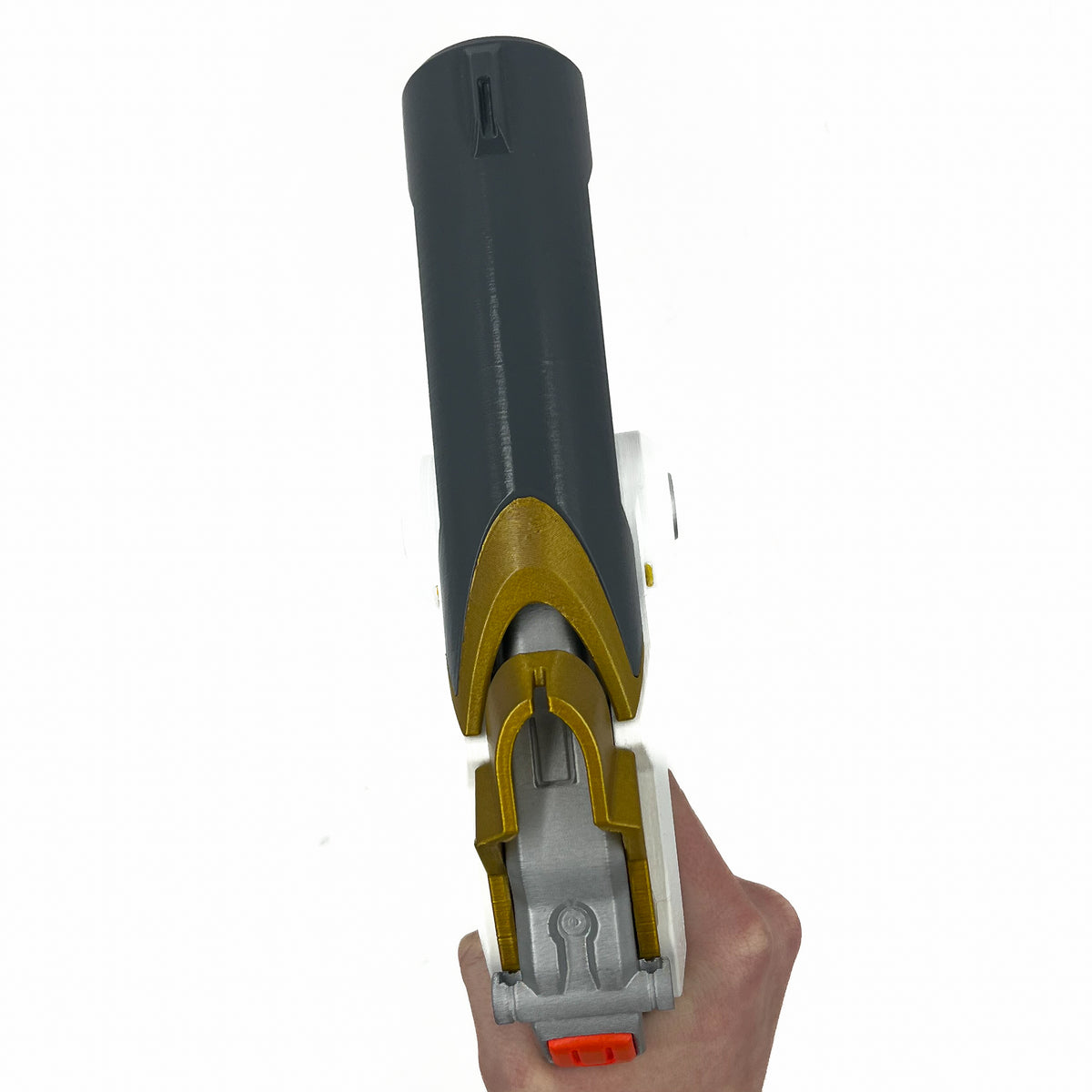 finished Mercy Caduceus Blaster-inspired Overwatch 1 3D printed cosplay prop photographed from another angle