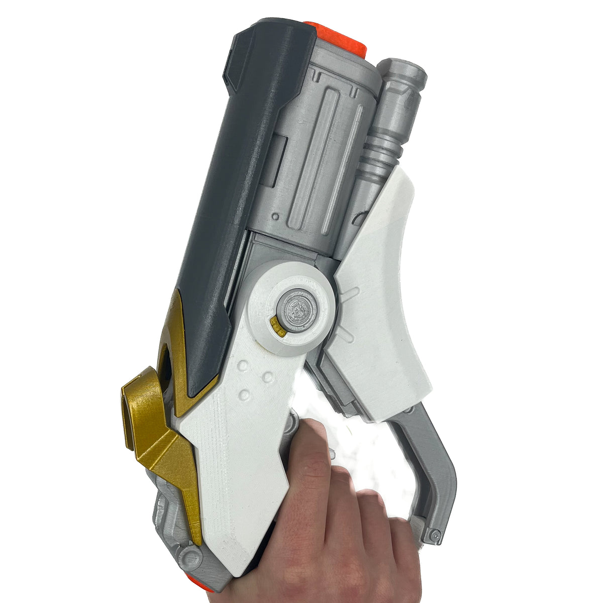 finished Mercy Caduceus Blaster-inspired Overwatch 1 3D printed cosplay prop photographed from another angle