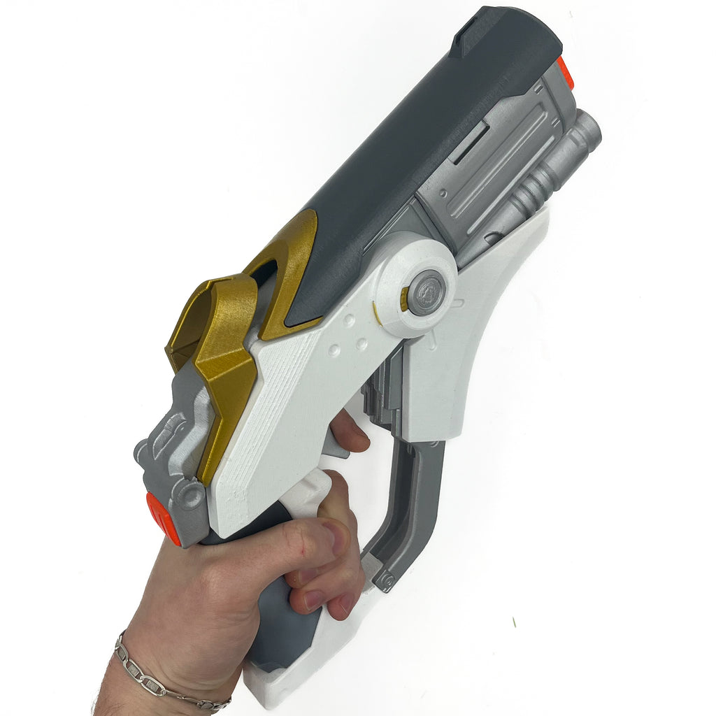 finished Mercy Caduceus Blaster-inspired Overwatch 1 3D printed cosplay prop photographed from another angle