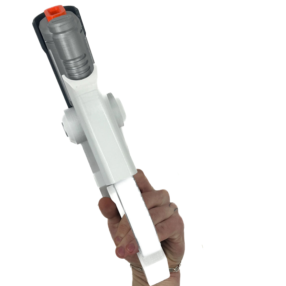 finished Mercy Caduceus Blaster-inspired Overwatch 1 3D printed cosplay prop photographed from another angle
