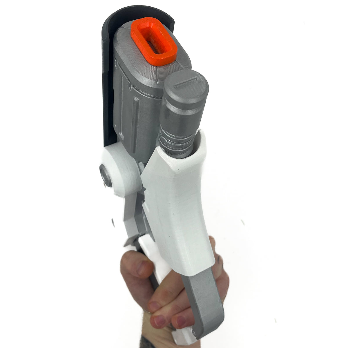 finished Mercy Caduceus Blaster-inspired Overwatch 1 3D printed cosplay prop photographed from another angle