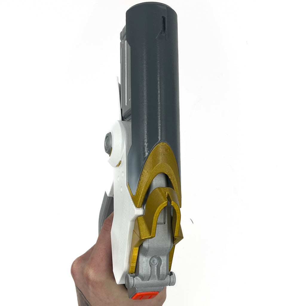 finished Mercy Caduceus Blaster-inspired Overwatch 1 3D printed cosplay prop photographed from another angle