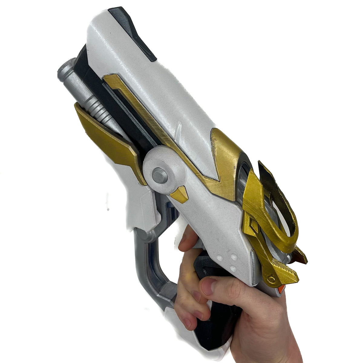 finished Mercy Caduceus Blaster-inspired Overwatch 2 3D printed cosplay prop photographed from another angle