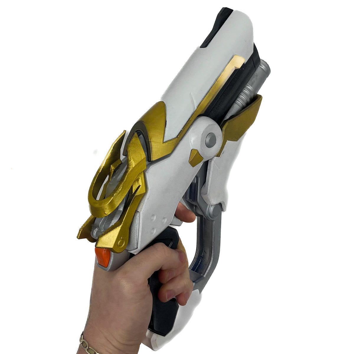 finished Mercy Caduceus Blaster-inspired Overwatch 2 3D printed cosplay prop photographed from another angle