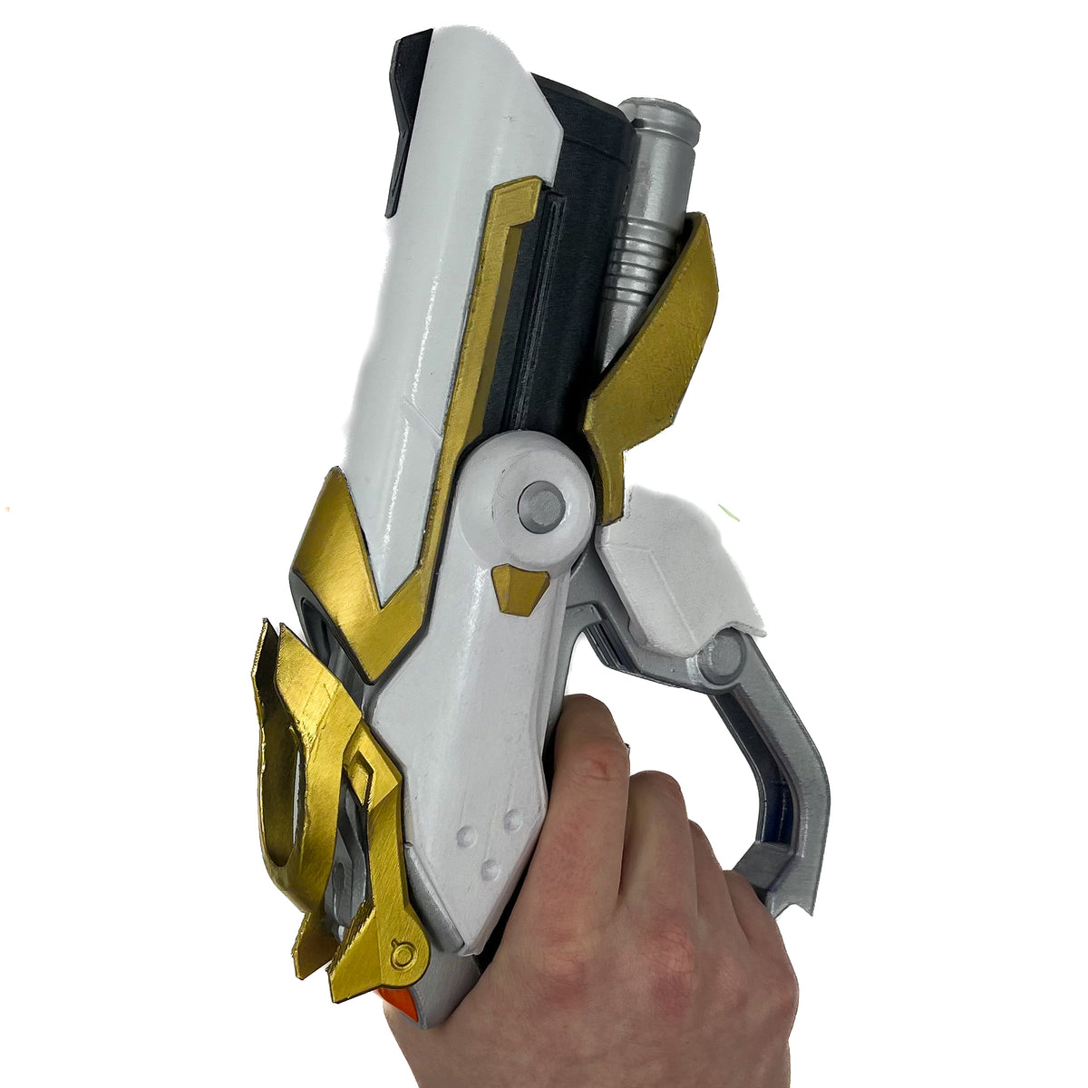 finished Mercy Caduceus Blaster-inspired Overwatch 2 3D printed cosplay prop photographed from another angle