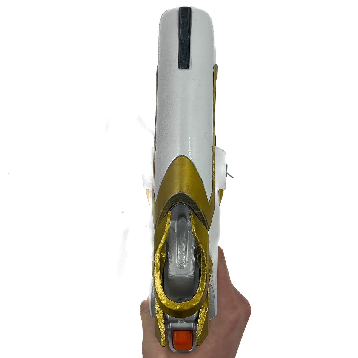 finished Mercy Caduceus Blaster-inspired Overwatch 2 3D printed cosplay prop photographed from another angle