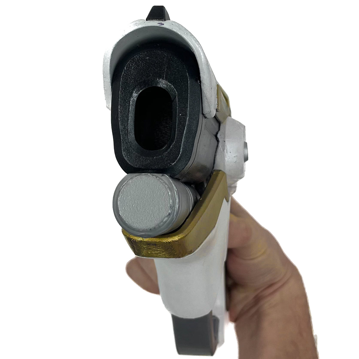 finished Mercy Caduceus Blaster-inspired Overwatch 2 3D printed cosplay prop photographed from another angle