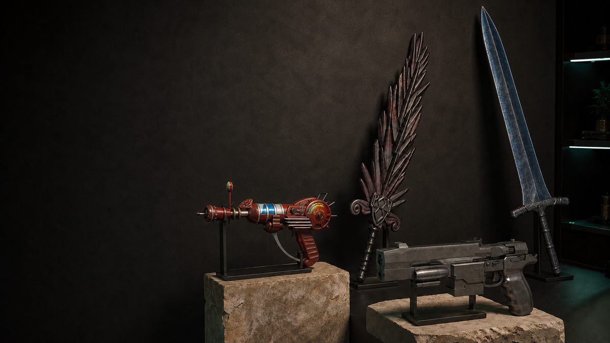 Four made-to-order cosplay props displayed in a dark collector gallery