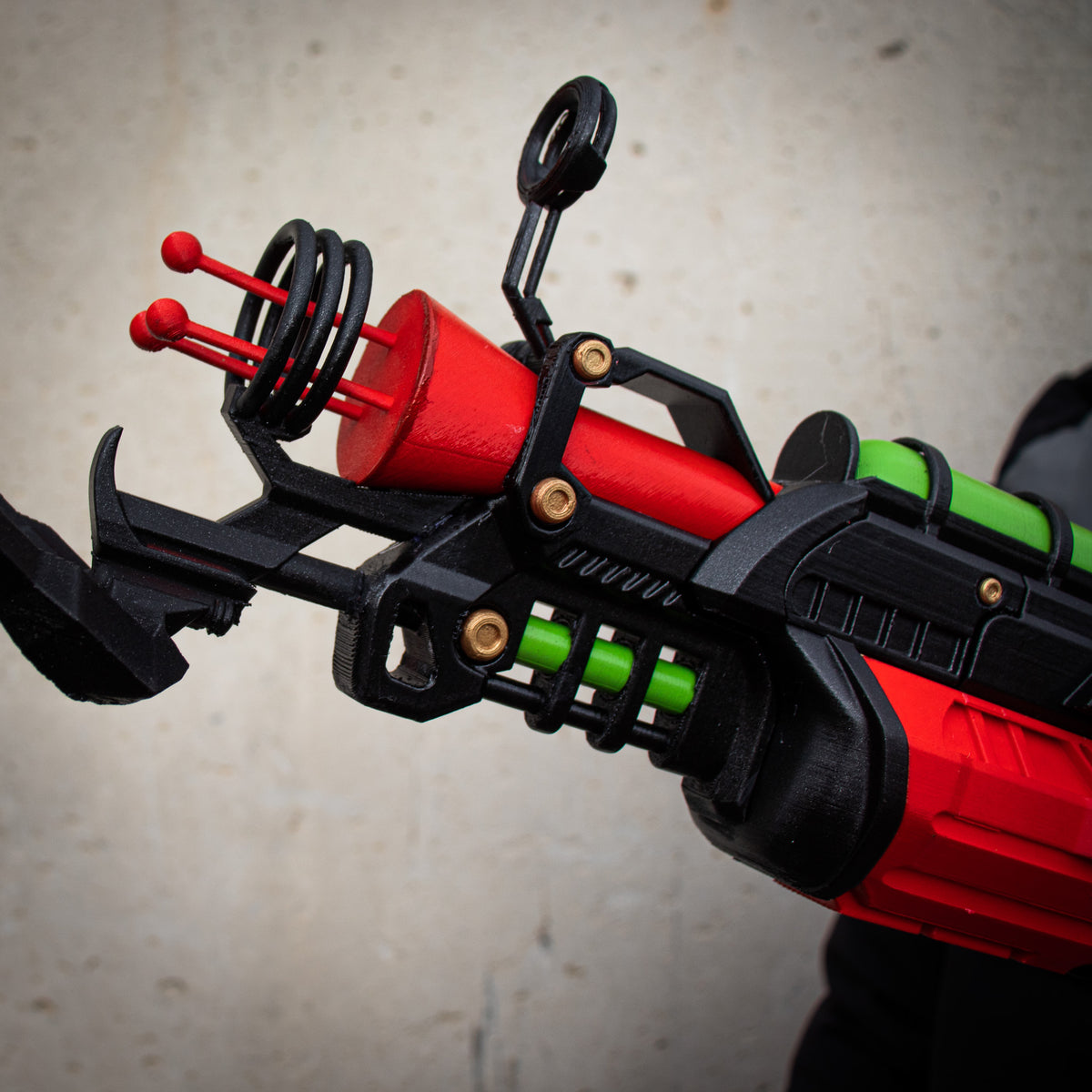Detailed view of the front coil, frame and accent pieces on the 3D printed prop