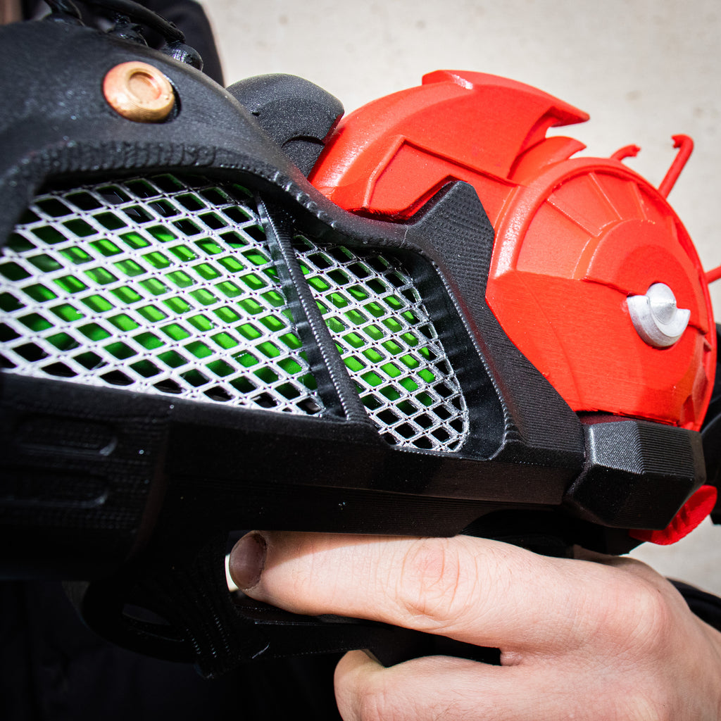 Close-up of the red rear disc and silver mesh details on the finished prop