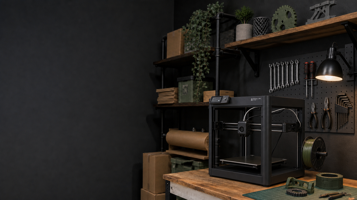Bambu Lab P1P in a tidy Printonary workshop with tools secured to a pegboard
