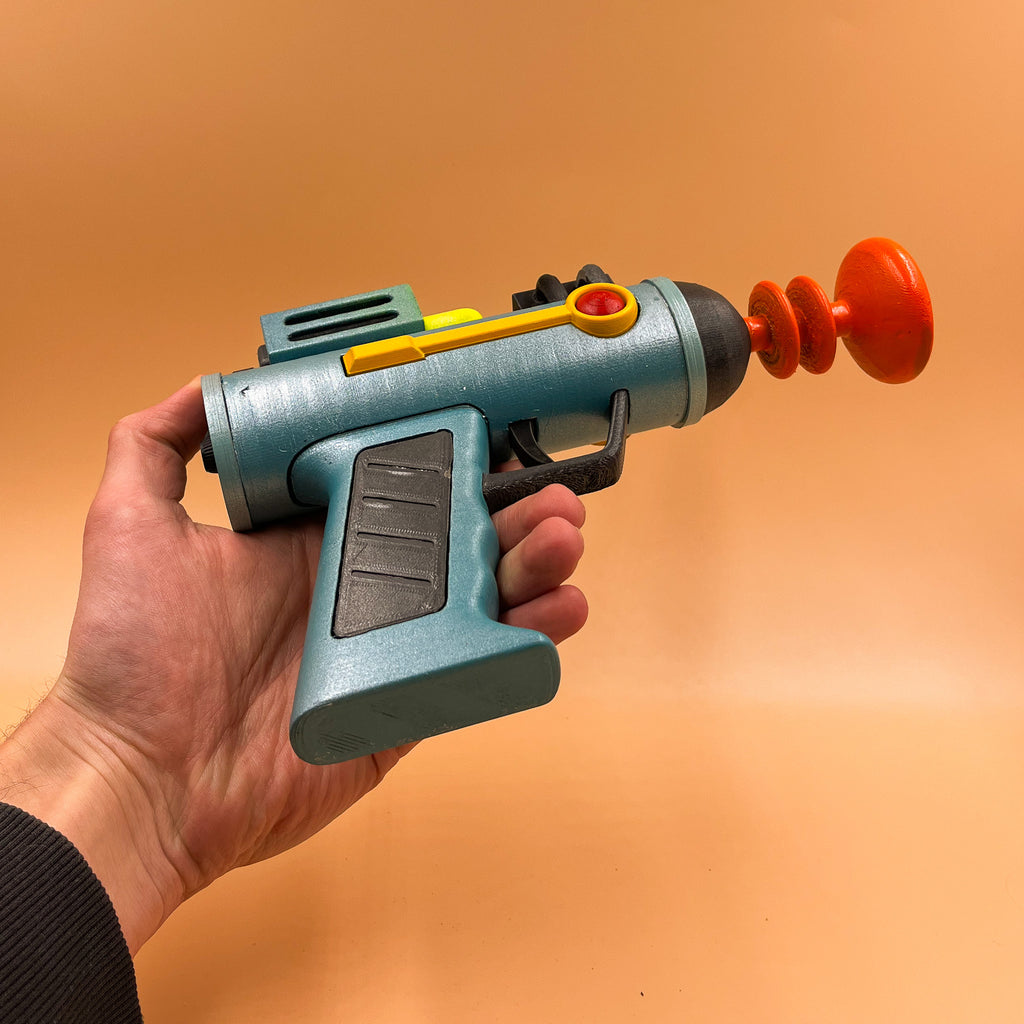 Reverse-side view of the hand-painted Rick and Morty inspired laser gun prop