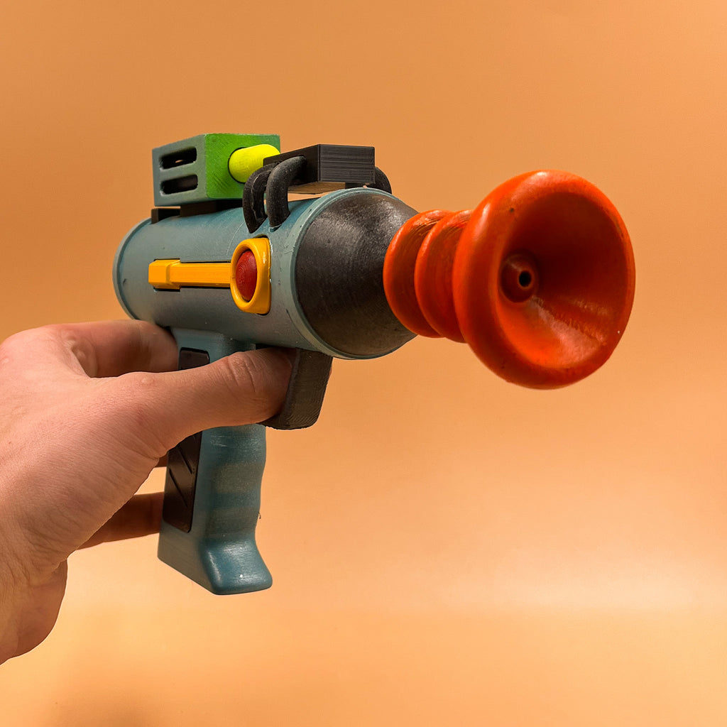 Front three-quarter view of the Rick Sanchez laser gun replica