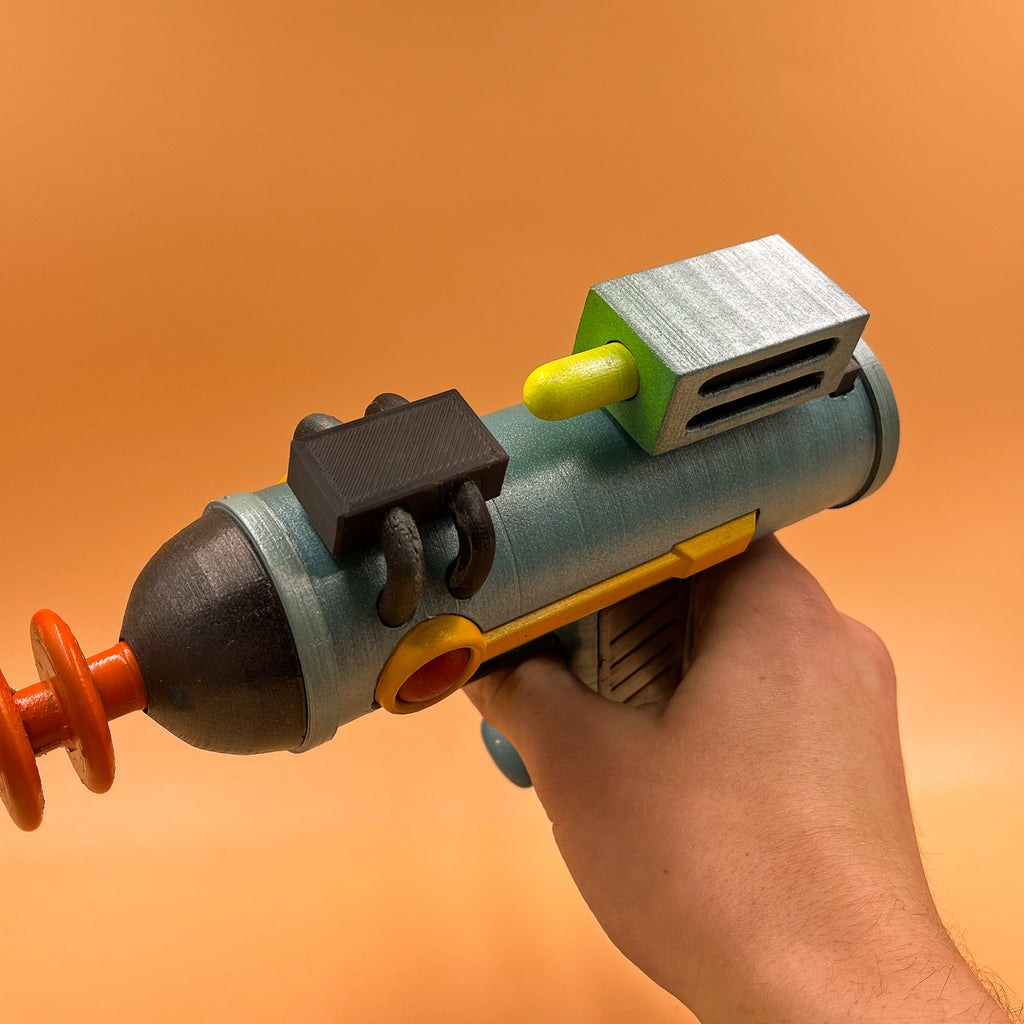 Alternate angle of the fully painted Rick and Morty laser gun prop