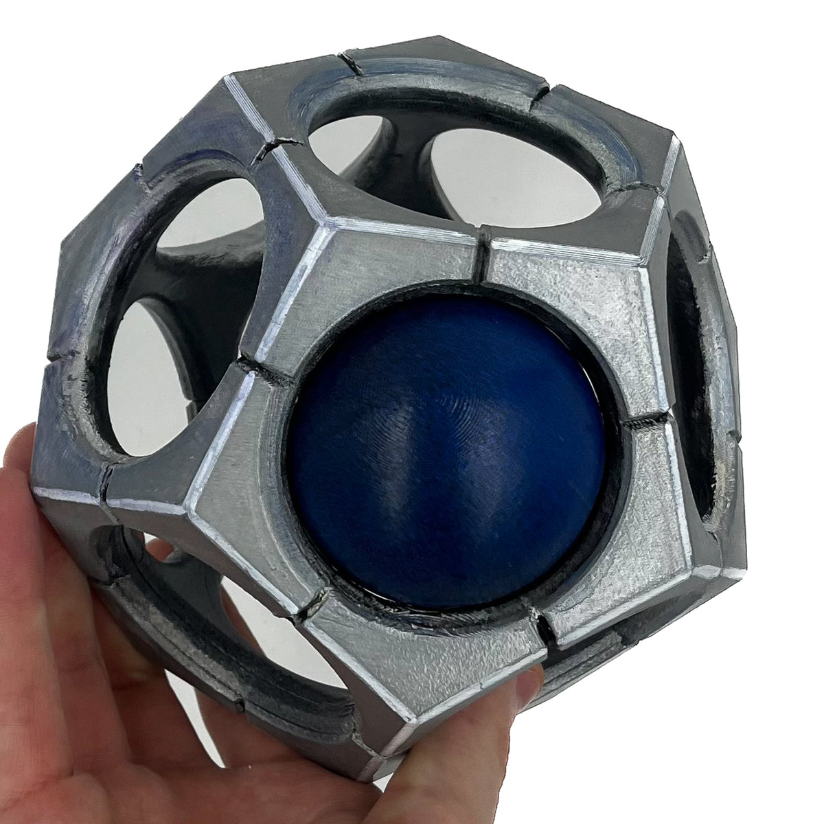 Full view of finished Sigma Hypersphere-inspired 3D printed cosplay prop photographed from another angle