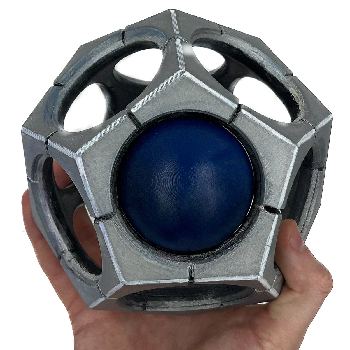 finished Sigma Hypersphere-inspired 3D printed cosplay prop photographed from another angle