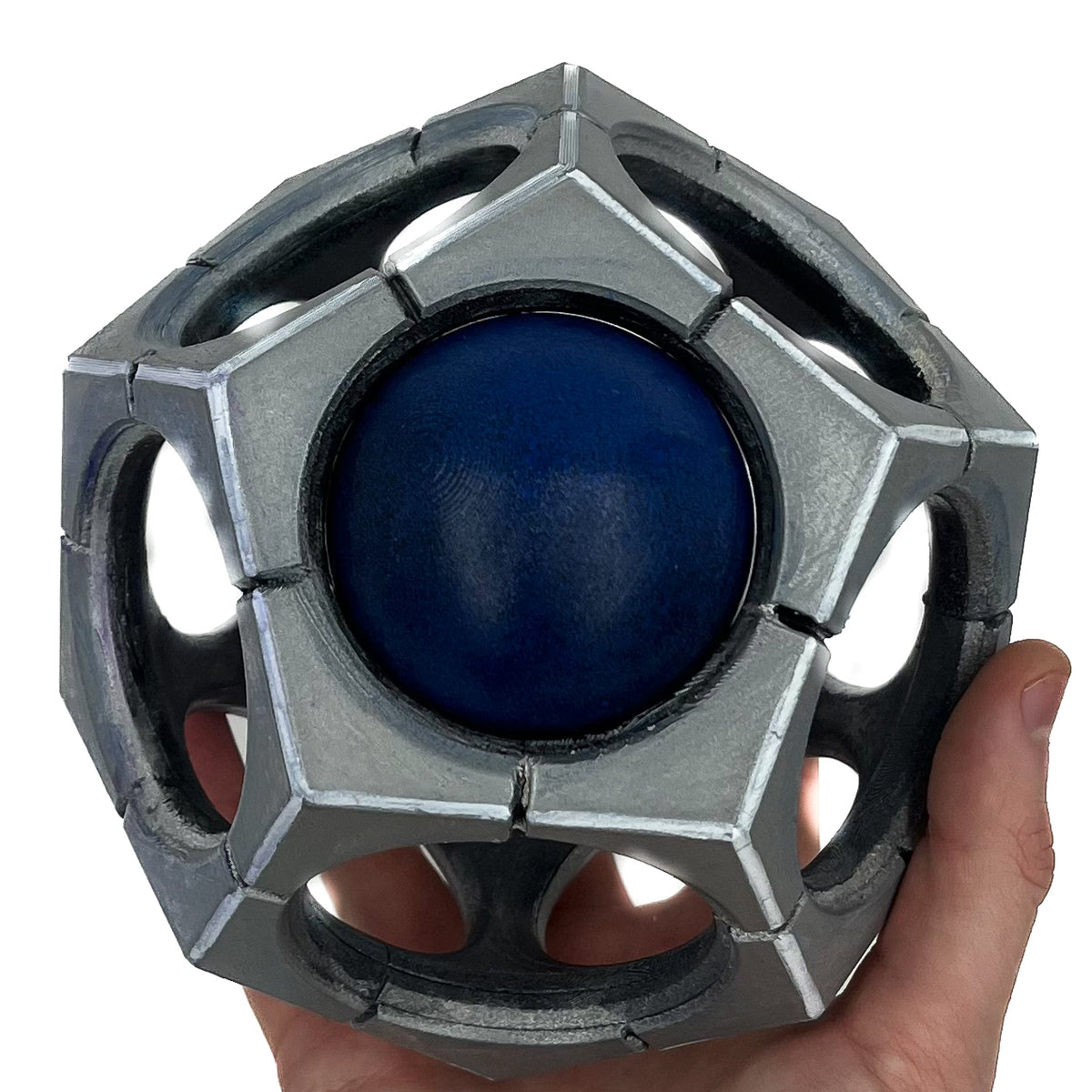 finished Sigma Hypersphere-inspired 3D printed cosplay prop photographed from another angle