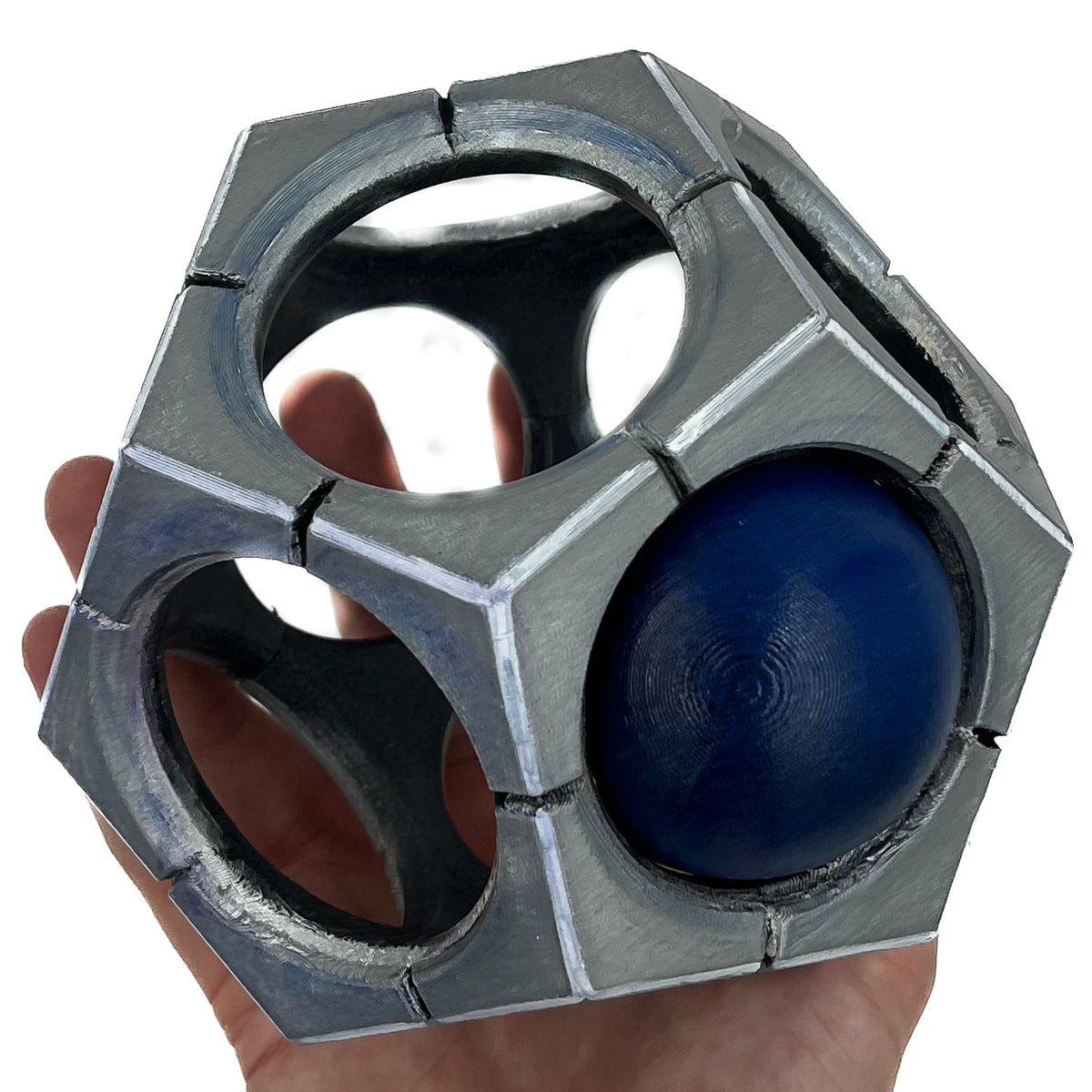 finished Sigma Hypersphere-inspired 3D printed cosplay prop photographed from another angle